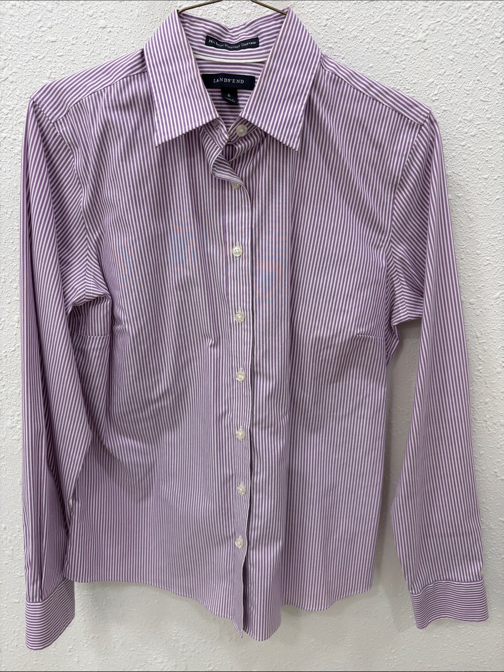 Lands' End Women's Lavender and White Pinstripe Button-Down Shirt